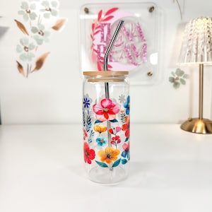 Floral Glass Iced Coffee Cup: 20oz Tumbler with Lid & Straw