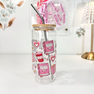 20oz Glass Cup with Lid and Straw, Bookish Girlie Glass, Iced Coffee Cup, Glass Tumbler, Book Glass Cup