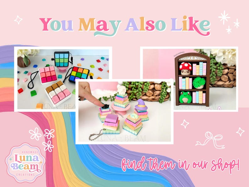 May include: A pink background with the text "You May Also Like" and "find them in our shop!". The image features miniature items, including colourful cube-shaped cases, stacks of books, and a bookshelf with miniature books and a frog.