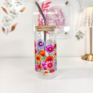 Floral Glass Iced Coffee Cup: 20oz Tumbler with Lid & Straw