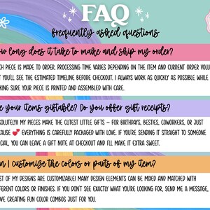 May include: A colourful FAQ graphic with text about order processing, gift options, and customisation. The design features a rainbow background, floral accents, and the Luna Beam Creations logo.