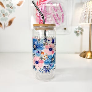 20oz Glass Cup with Lid and Straw, Flower Glass, Iced Coffee Cup, Glass Tumbler, Floral Cup
