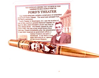 Hand turned Pen with Historic Ford’s Theatre Wood + COA | Antique Components | Parker Refill | Collector’s Gift