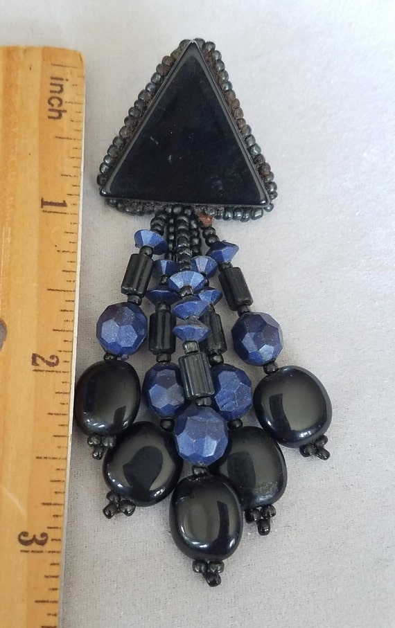 Art Deco Dangle Earrings - Black and Blue Beads -… - image 6