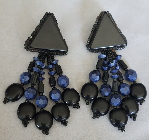 Art Deco Dangle Earrings - Black and Blue Beads -… - image 2