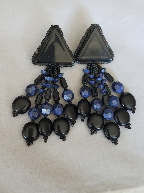 Art Deco Dangle Earrings - Black and Blue Beads -… - image 10
