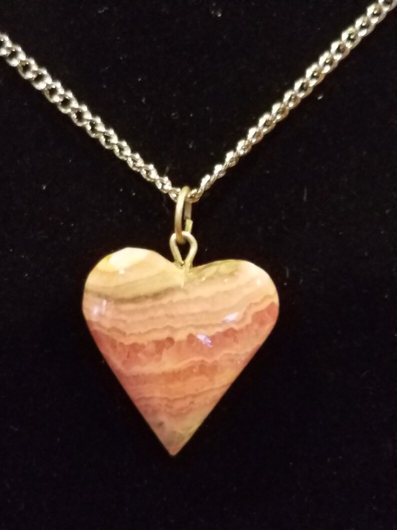 Pendant Necklace Pink Heart Silver Tone Chain Pink Agate