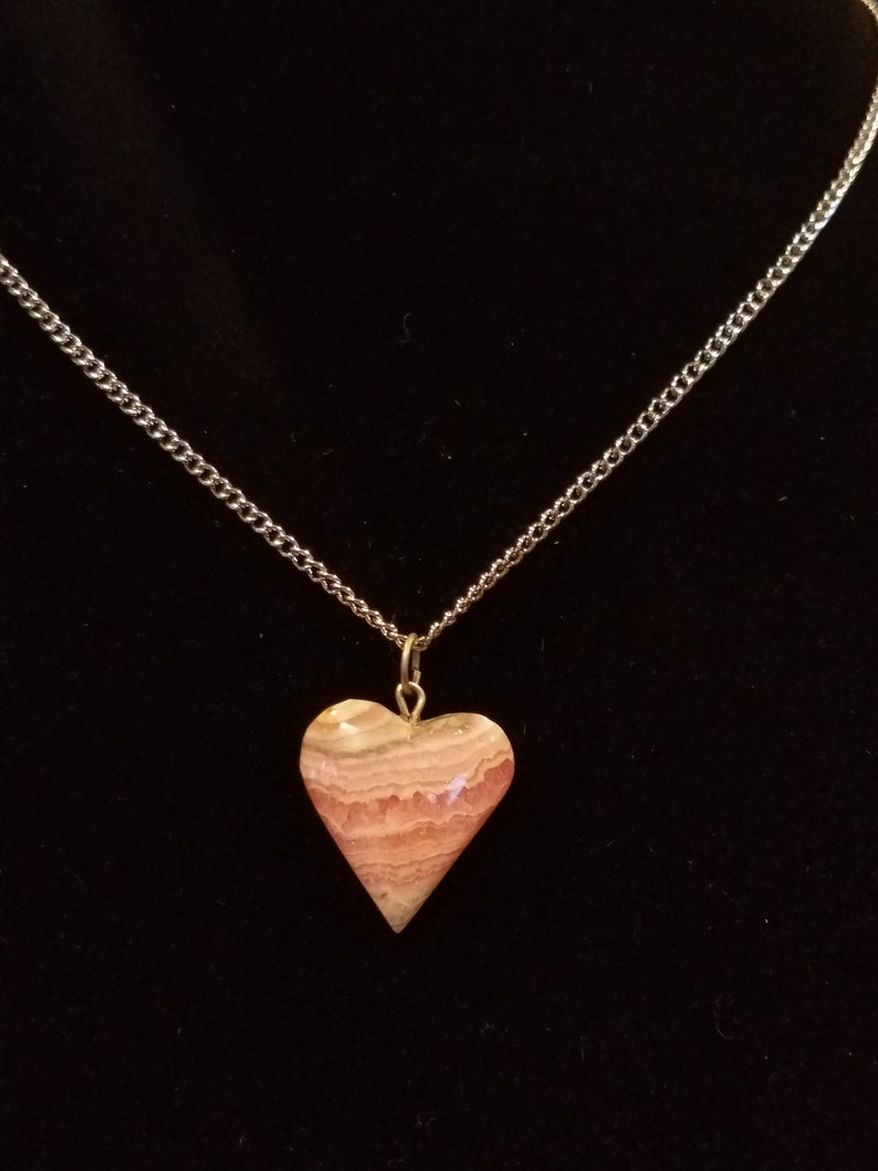 Pendant Necklace Pink Heart Silver Tone Chain Pink Agate