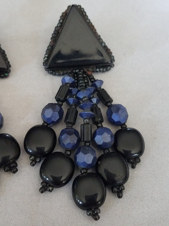 Art Deco Dangle Earrings - Black and Blue Beads -… - image 3