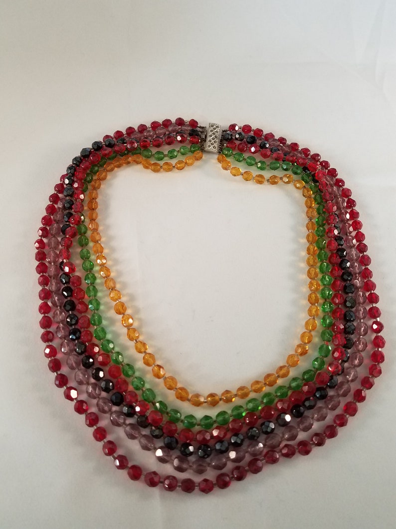 Faceted Glass Bead Multi Strand Necklace Rainbow Colors Etsy