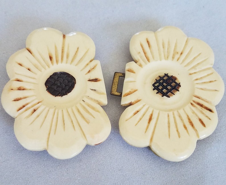 Vintage Belt Buckle Carved Flower Two Piece Bakelite Celluloid