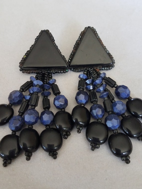 Art Deco Dangle Earrings - Black and Blue Beads -… - image 1