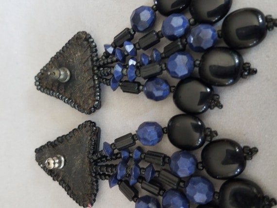 Art Deco Dangle Earrings - Black and Blue Beads -… - image 7