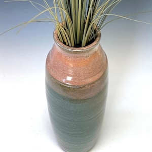 Large Stoneware Vase in Muted Moss Green and Mottled Orange, Rustic Farmhouse Decor