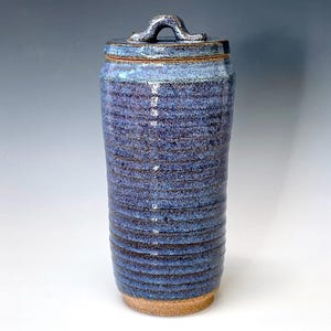 Tall ceramic jar: handmade lidded pottery canister container purple blue