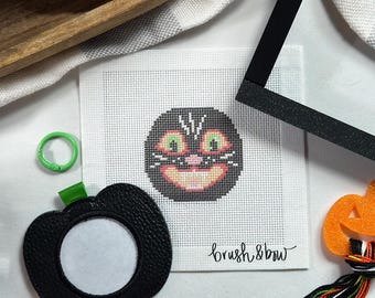 needlepoint kit self finishing bag charm | retro cat halloween canvas | 18 mesh complete needlepoint kit w/ stretcher bars | DIY craft