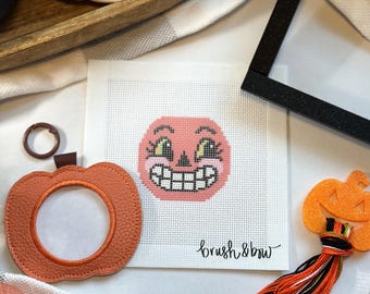 needlepoint kit self finishing bag charm | retro pumpkin halloween canvas | 18 mesh complete needlepoint kit with stretcher bars | DIY craft