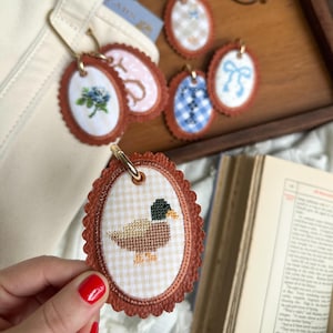 custom bag charm | cross stitch style machine embroidered monogram bag tag | scallop leather preppy tote keychain | gift