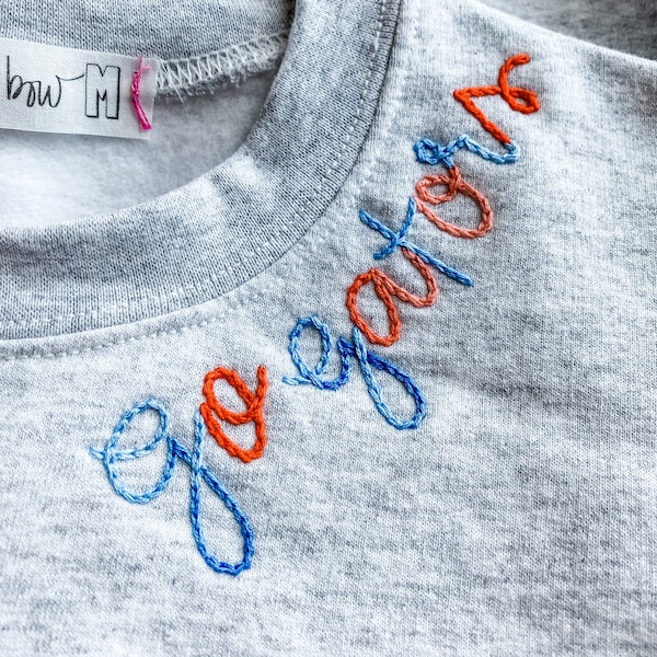 adult sweatshirt x hand embroidered x The Kirjonta x custom x chain stitch collar embroidery