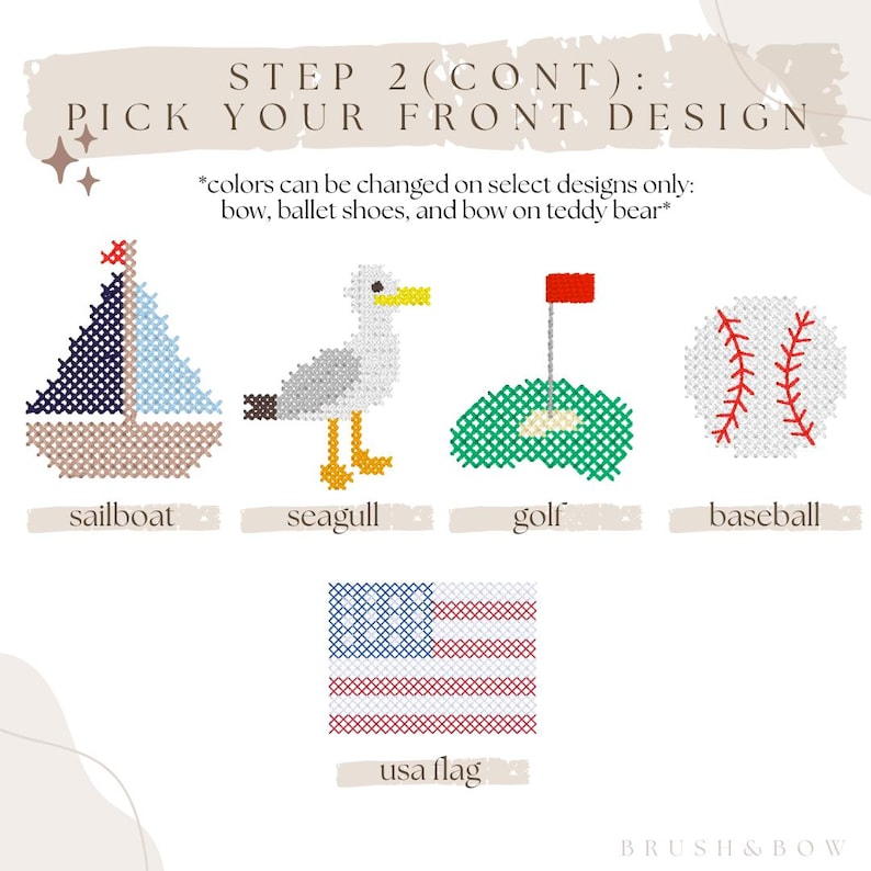 K&ouml;nnte beinhalten: Bild mit Kreuzstichmustern: ein Segelboot, eine M&ouml;we, eine Golfszene, ein Baseball und eine amerikanische Flagge. Der Text lautet "STEP 2 (CONT): PICK YOUR FRONT DESIGN." Die Designs sind mit ihren Namen beschriftet.