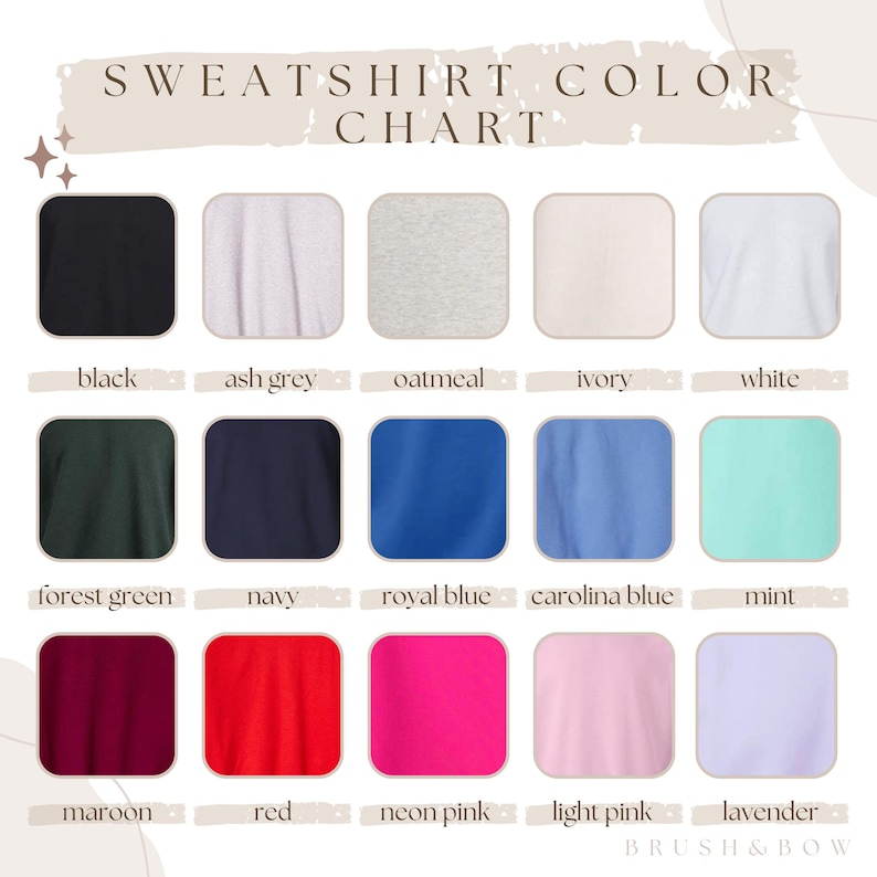 Op de afbeelding: Een kleurenkaart voor sweatshirts met een verscheidenheid aan kleuren, waaronder zwart, asgrijs, havermout, ivoor, wit, bosgroen, marineblauw, koningsblauw, carolina blauw, mint, kastanjebruin, rood, neonroze, lichtroze en lavendel.