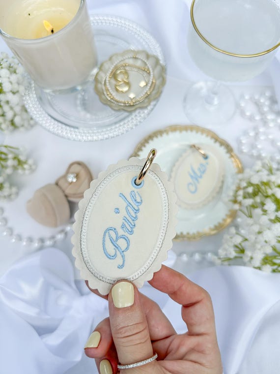 custom bride bag charm | something blue mrs. bride-to-be gift | cross stitch needlepoint style machine embroidered double sided bag tag