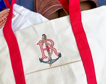 anchor monogram boat tote x custom embroidered x summer coastal new england canvas bag x classic personalized x nautical gift
