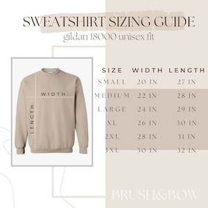 May include: A size chart for a unisex sweatshirt, showing the width and length measurements in inches for sizes small through 3XL. The chart is labeled "SWEATSHIRT SIZING GUIDE" and "gildan 18000 unisex fit".
