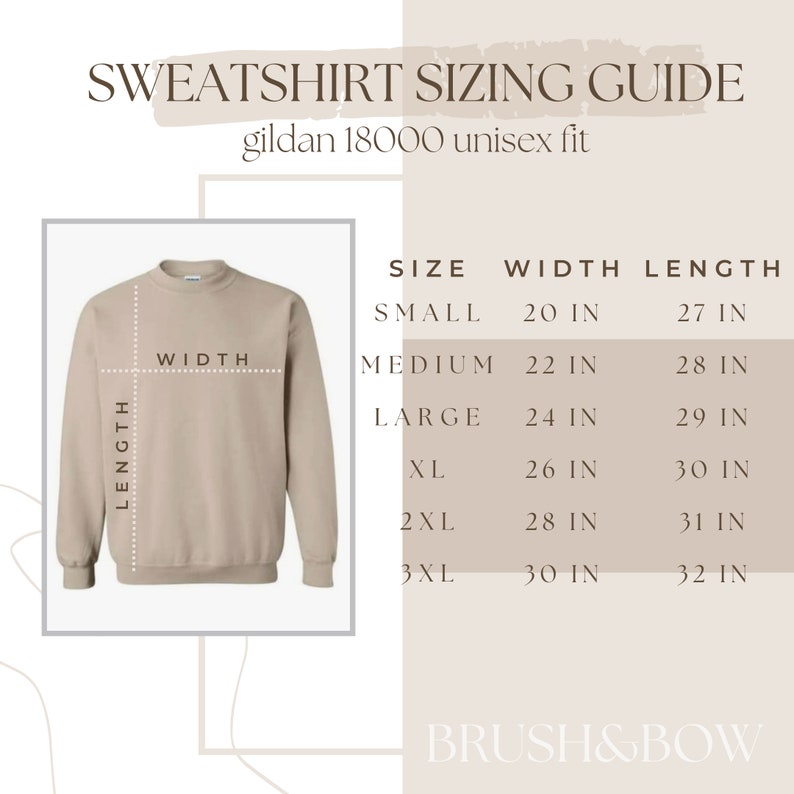 May include: A size chart for a unisex sweatshirt, showing the width and length measurements in inches for sizes small through 3XL. The chart is labeled "SWEATSHIRT SIZING GUIDE" and "gildan 18000 unisex fit".