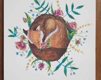 Sleeping Fox Surrounded by Flowers Fine Art Giclee' Print. Fox print/ home decor/ cute animal/ artwork/ fox picture