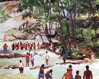 Vacation Escape Print Jamaica, "The Falls, by Ray Horner Jr., Unframed "19.5x15.5" from Watercolor Painting