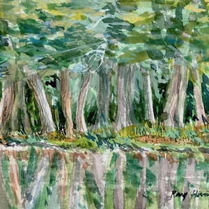 May include: Watercolor painting of a forest scene with a row of trees in the foreground. The trees are painted in shades of green, brown, and white. The background is a blur of green and blue.