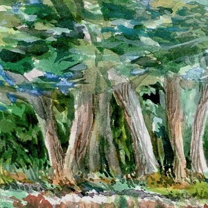 May include: Watercolor painting of a forest scene with a group of trees in the foreground. The trees are painted in shades of green and brown, with a hint of blue in the leaves. The background is a blur of green and blue.