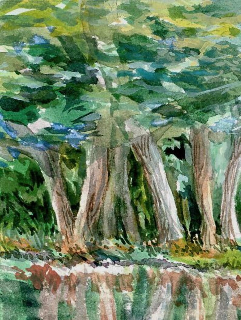 May include: Watercolor painting of a forest scene with a group of trees in the foreground. The trees are painted in shades of green and brown, with a hint of blue in the leaves. The background is a blur of green and blue.