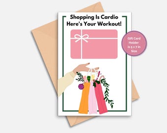 Printable Christmas Gift Card Holder - "Shopping is Cardio" Gift Bag Theme - 5x7 Holiday Gift Card Holder - Instant Download