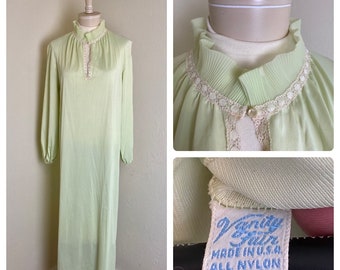 Vintage 60's Vanity Fair Nylon Mint Green Long Nightgown Long Sleeves Lace Chiffon M 34