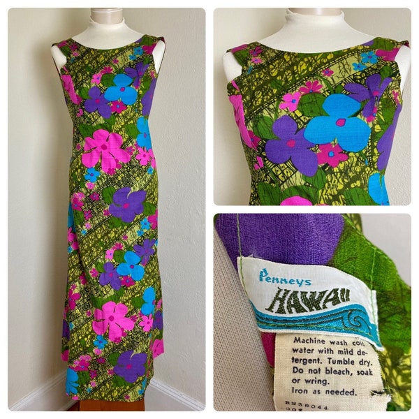 Vintage 1960s Penneys Pennys Mod Bark Cloth Hawaii Hawaiian Dress Psychedelic Big Floral XS 30B 25W