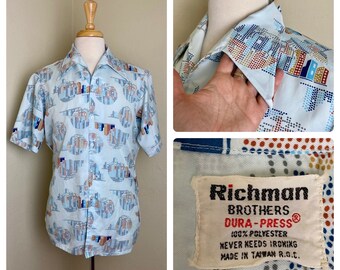 Vtg 70s Richman Bros Blue Psychedelic Tree Print Button Down Top