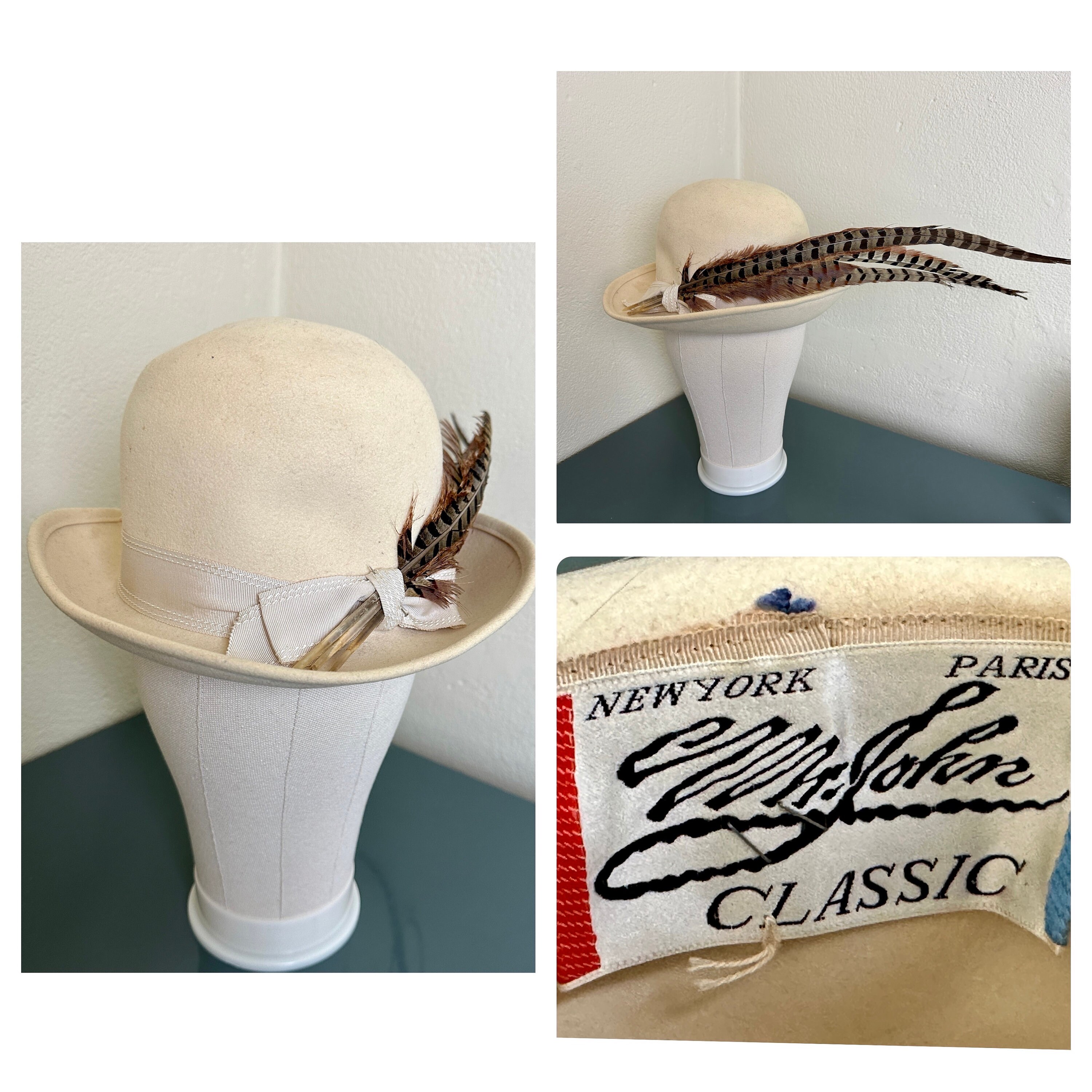 Vintage Mr. John Classic High Hatters Ivory Black \'70\'s Wool Feather Classic Hat 70s Felt Hat - Etsy main image 2