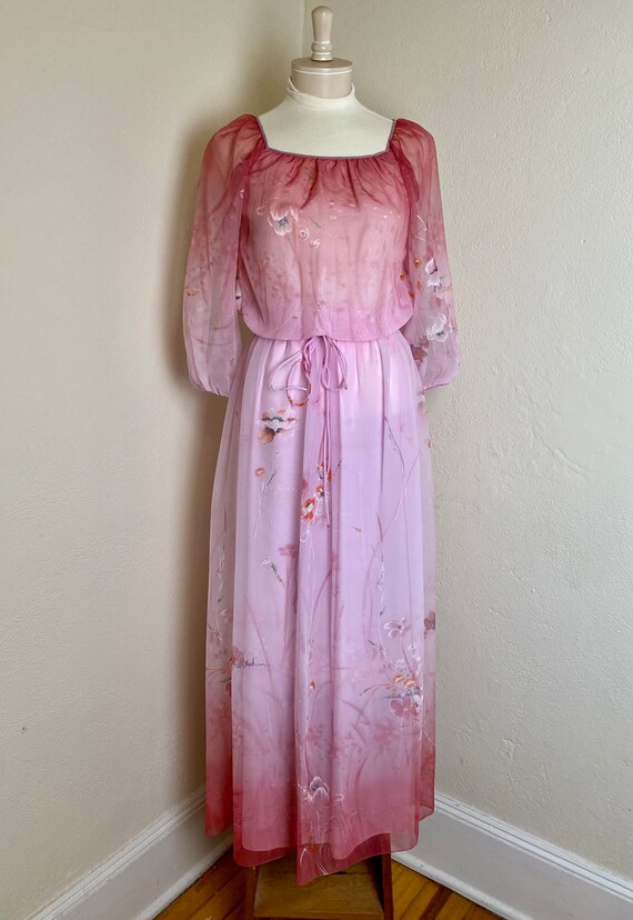 Vintage 70s Rose Pink Maxi Dress Puff Sleeve Chif… - image 3