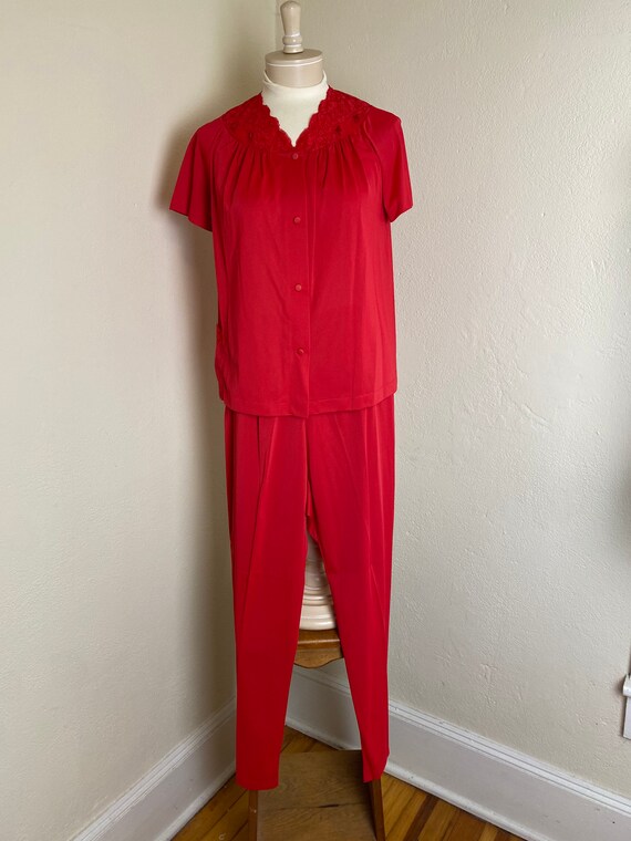 Vintage 60s 70s Shadow Line Red Pajama Set w Robe… - image 5