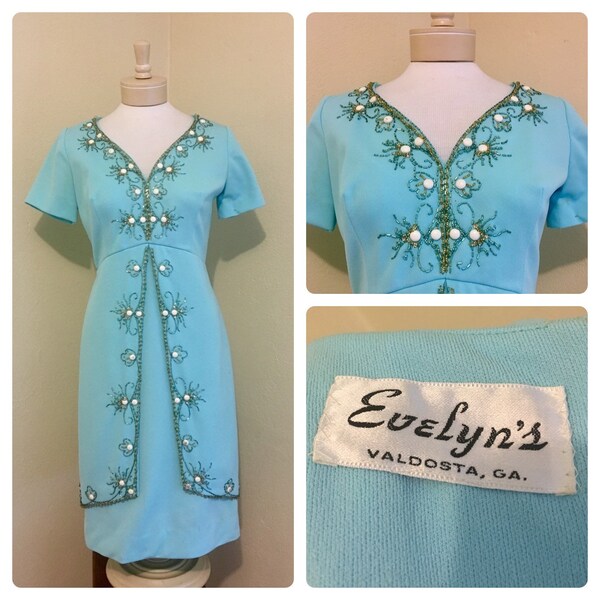 Vintage 60s Evelyn's of Valdosta Mod Cocktail Shift Dress! Beaded Baby Blue & Gold M