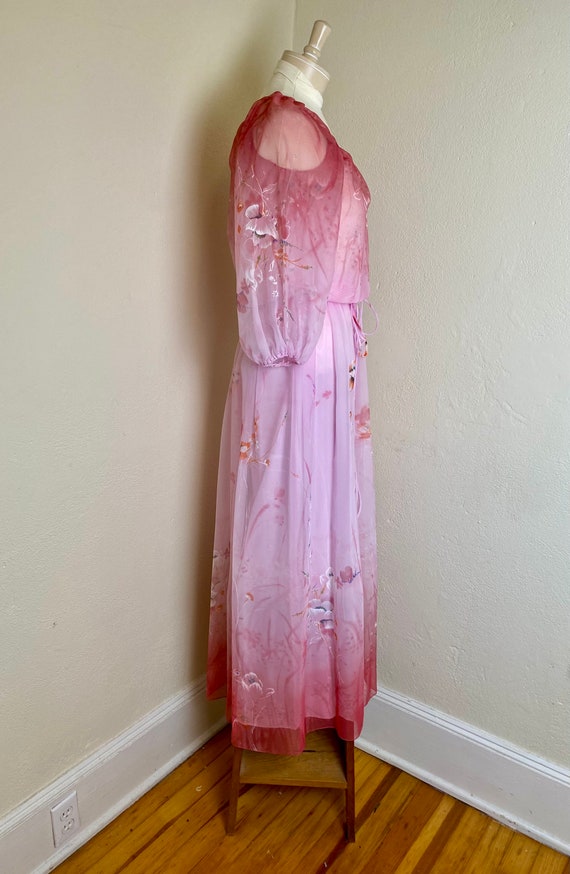 Vintage 70s Rose Pink Maxi Dress Puff Sleeve Chif… - image 5