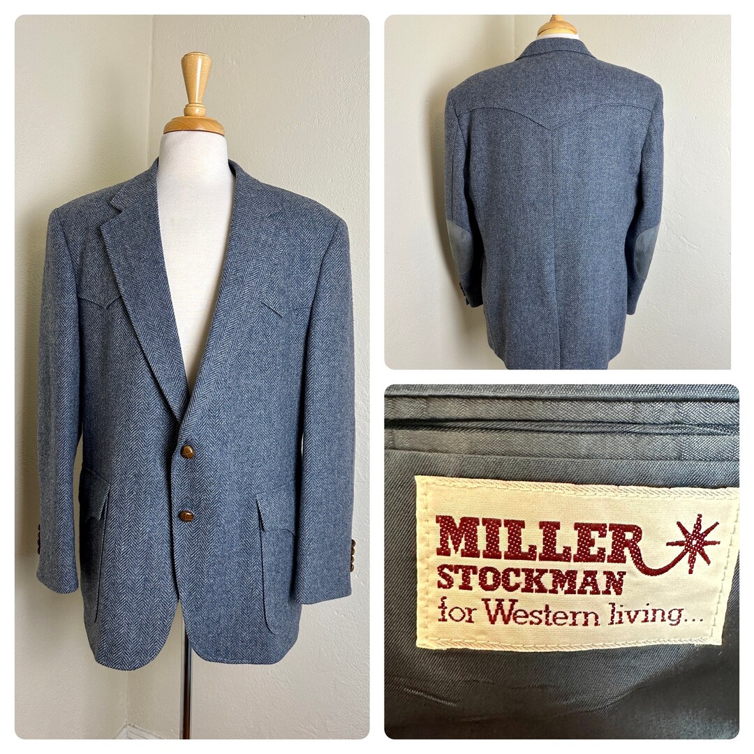 Vintage Western Blazer Miller Stockman Herringbone Blue Gray Elbow