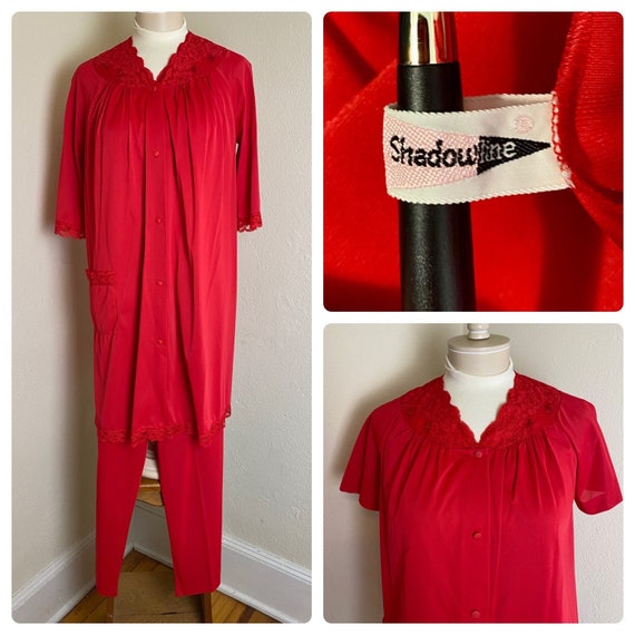Vintage 60s 70s Shadow Line Red Pajama Set w Robe… - image 1