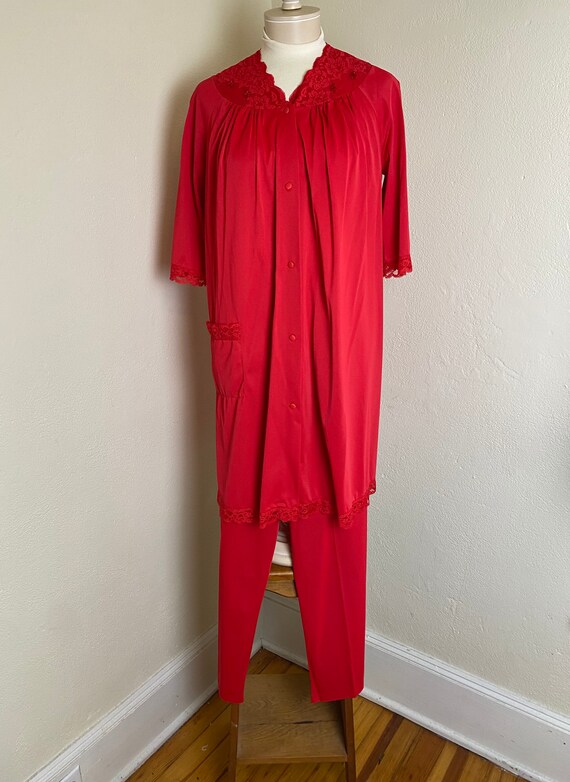 Vintage 60s 70s Shadow Line Red Pajama Set w Robe… - image 2