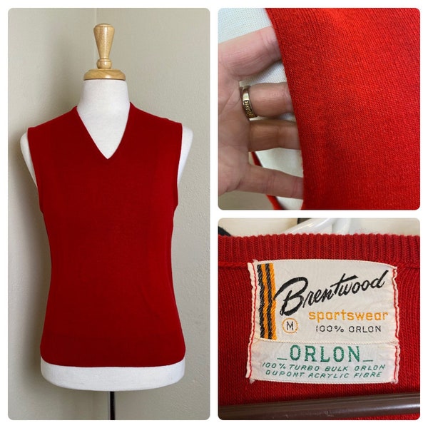 Vintage 50's 60's Men's BRENTWOOD Sportswear Red Sweater Vest Orlon Acrylic USA M