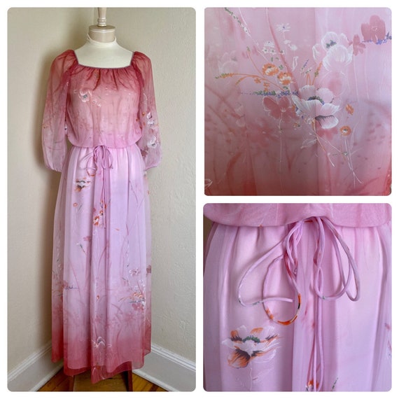 Vintage 70s Rose Pink Maxi Dress Puff Sleeve Chif… - image 1