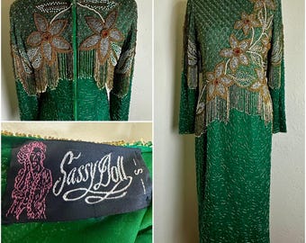 Vintage 80s 90s EPIC Sassy Doll Emerald Green Sequin Fringe Party Dress Drag Dynasty Queen Cruise S