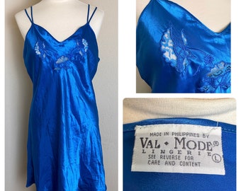 Vintage 80's 90's Val Mode Nightie Nightgown Blue Satin Chemise Short Slip Lace Sz L